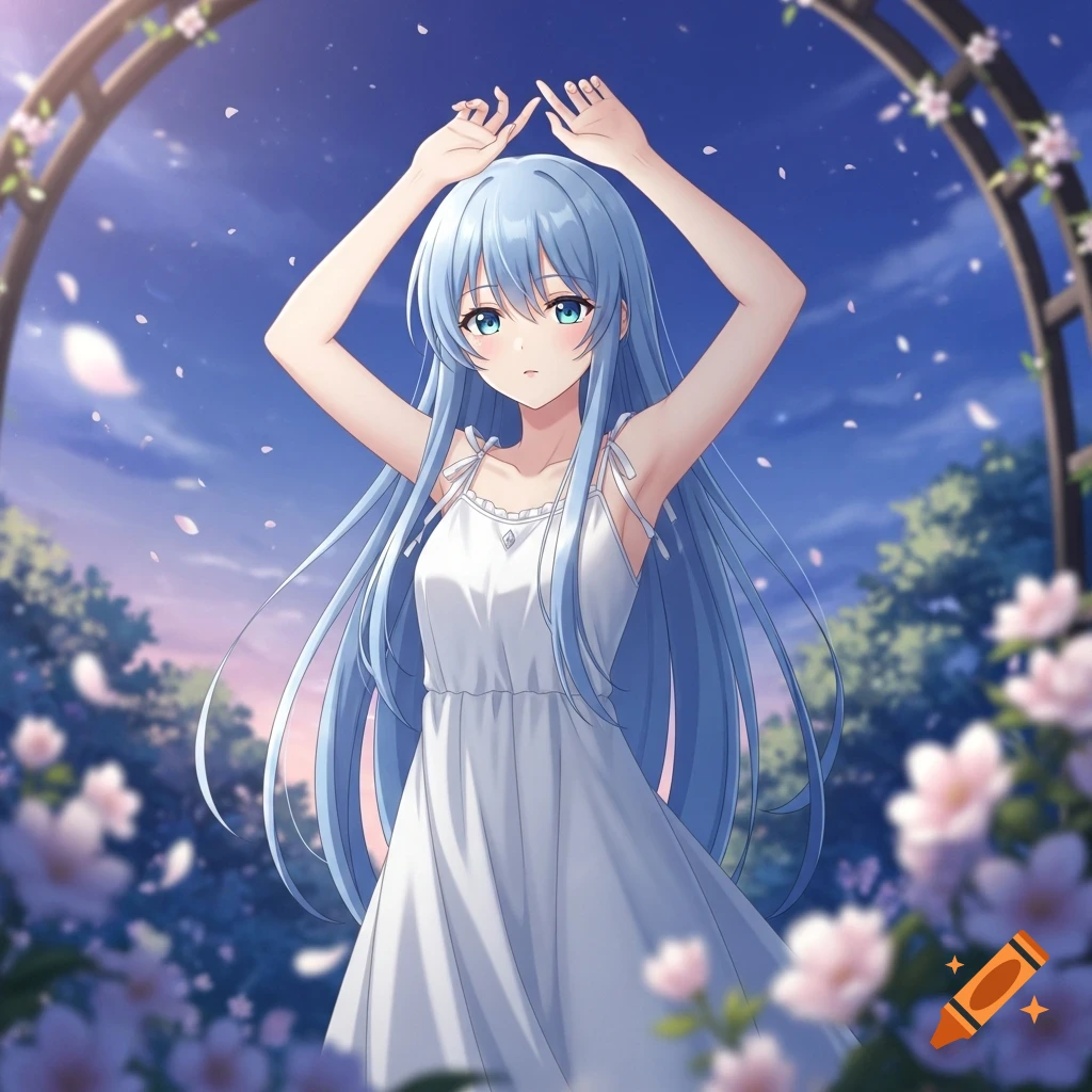 Anime girl with light blue hair in a white dress, arms raised, in a blooming garden under a blue sky.