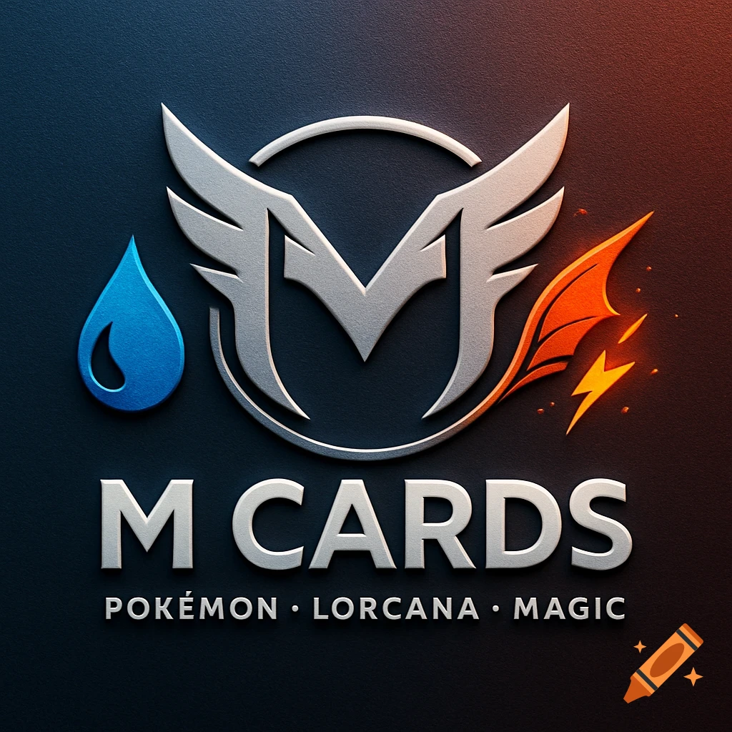 Logo for M Cards featuring a stylized M with wings, a water drop, and a fire/lightning symbol, above text POKÉMON LORCANA MAGIC.