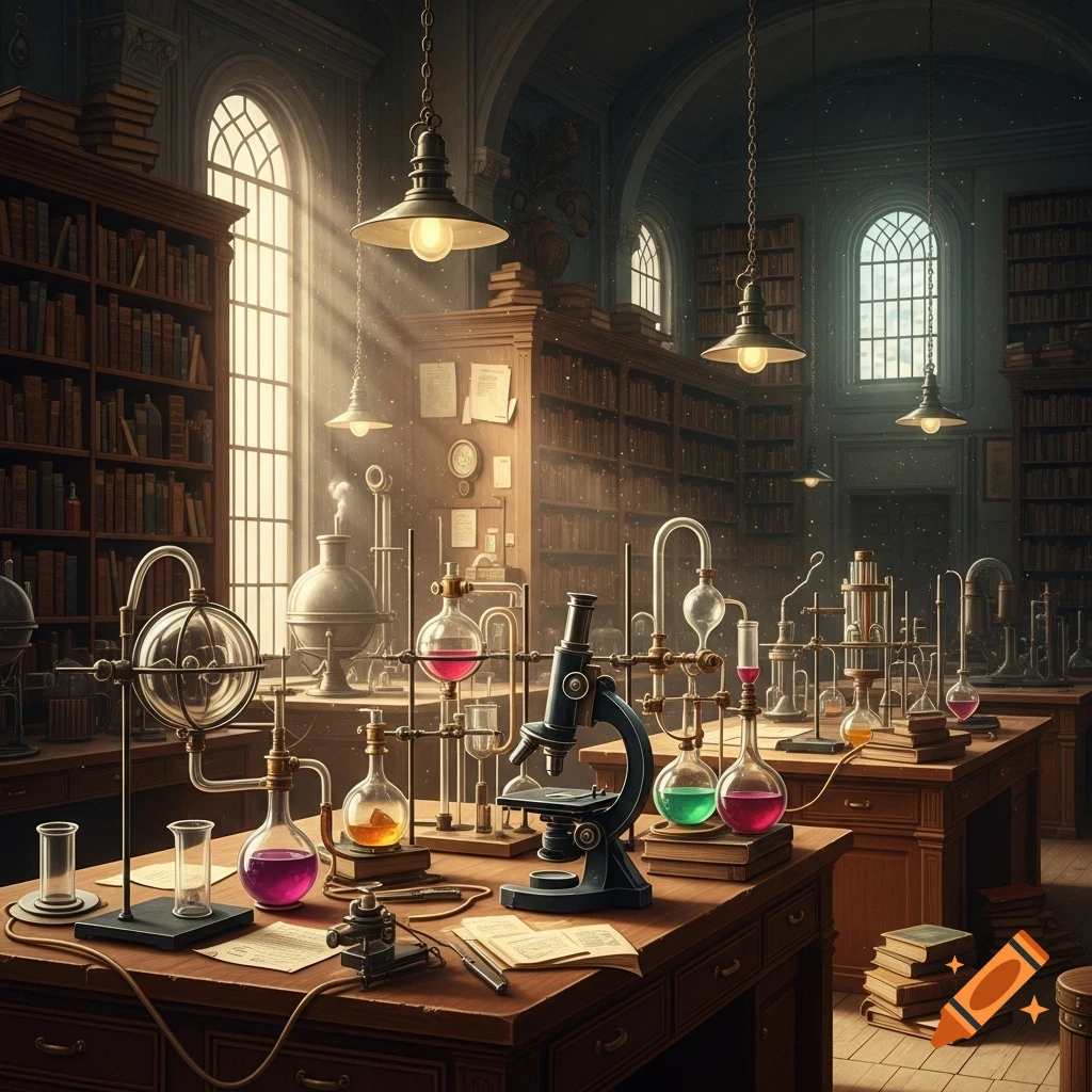 An old-fashioned laboratory filled with scientific instruments, beakers with colorful liquids, a microscope, and tall bookshelves.