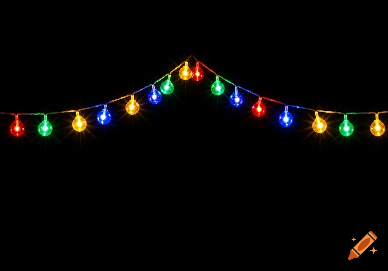 A string of brightly colored fairy lights against a solid black background.