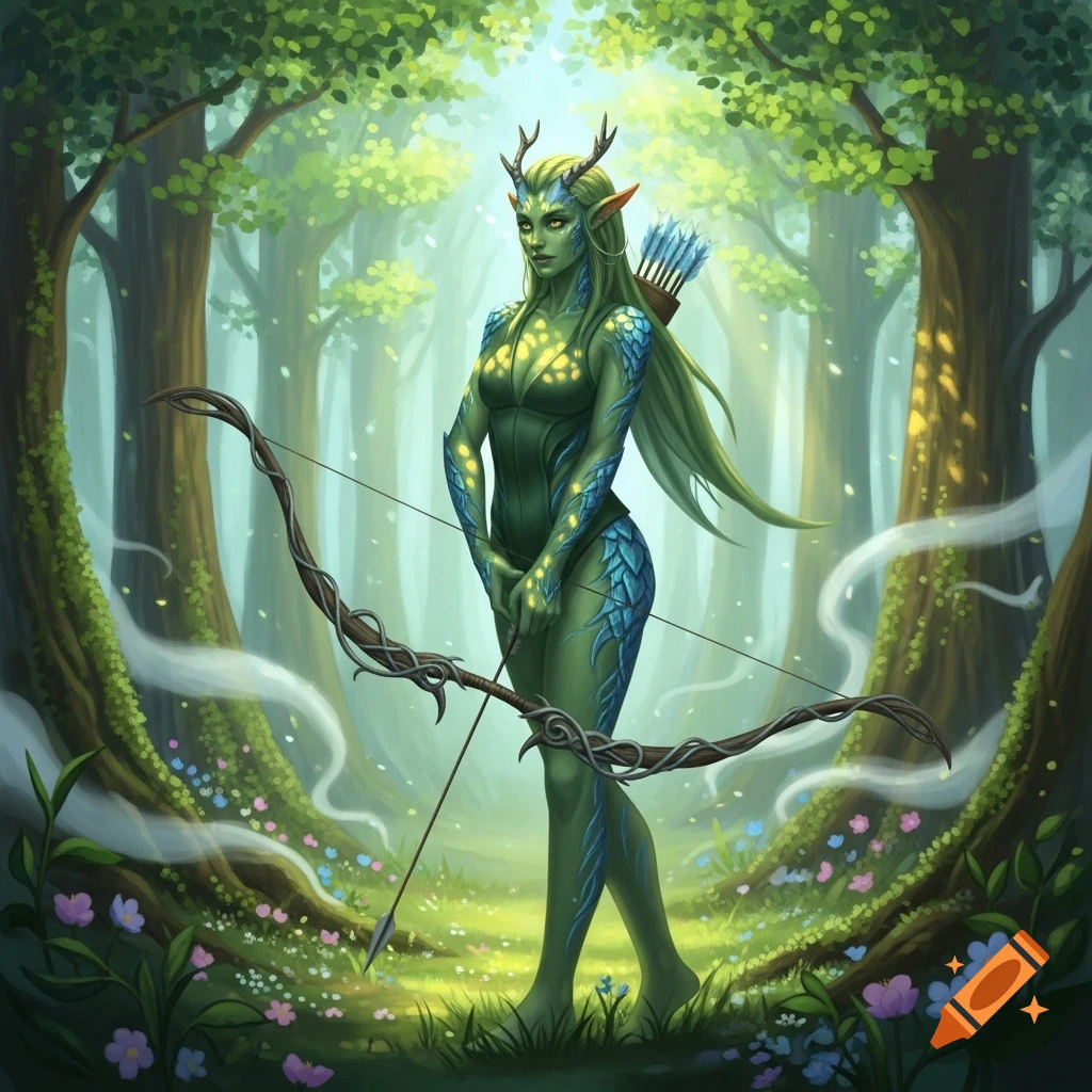 A green-skinned eladrin archer with antlers and blue scales stands holding a bow in a lush, mystical forest.