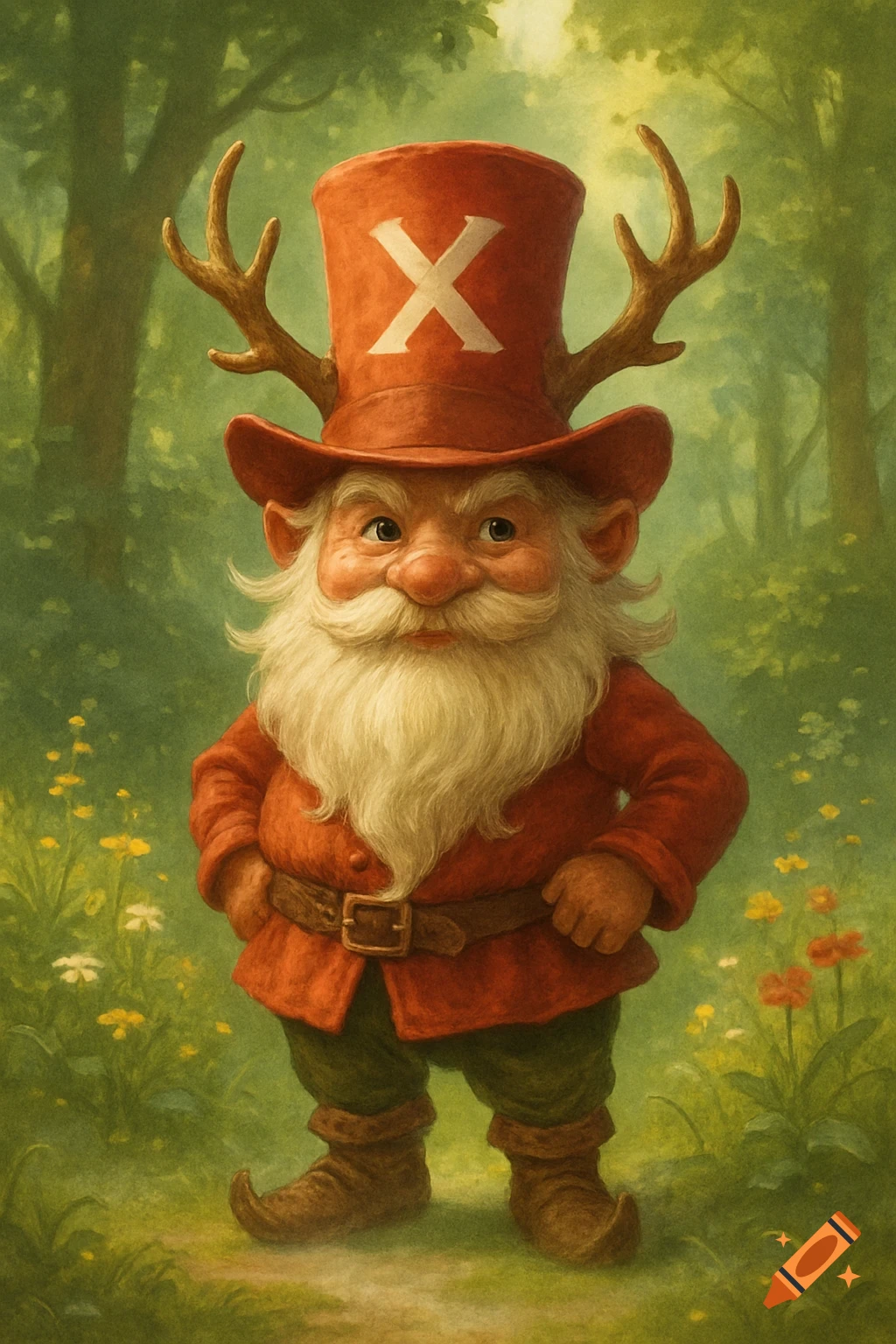 A whimsical illustration of a friendly gnome with a white beard, wearing a red hat with a white 'X' and deer antlers, and a red coat, standing in a green forest with small flowers.