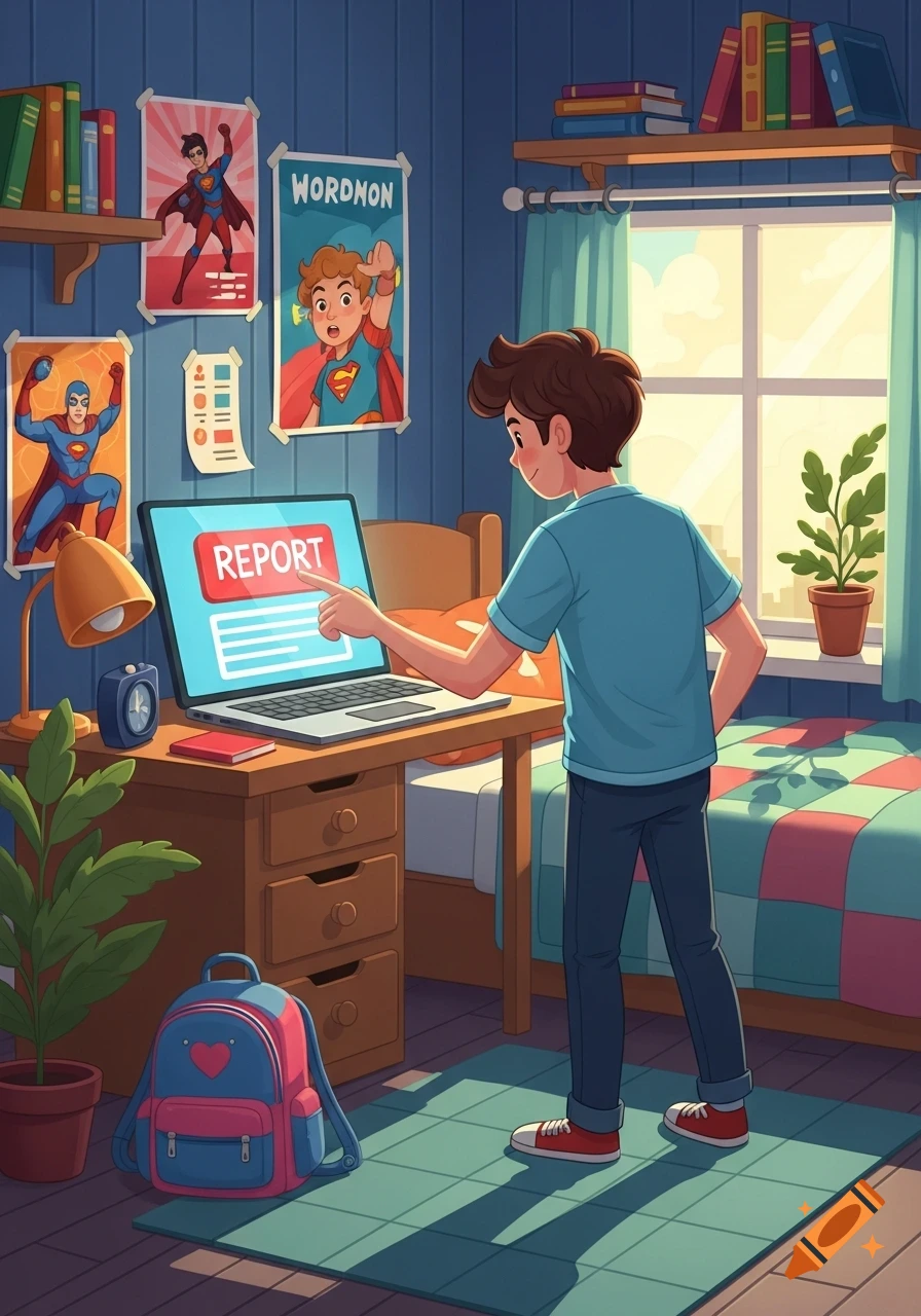 A cartoon boy stands in his bedroom, pointing at a laptop screen that displays a large red 'REPORT' button, surrounded by superhero posters.