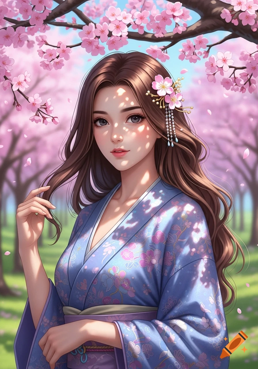 An anime-style woman with long brown hair, wearing a blue kimono with flower patterns, stands under pink cherry blossoms.