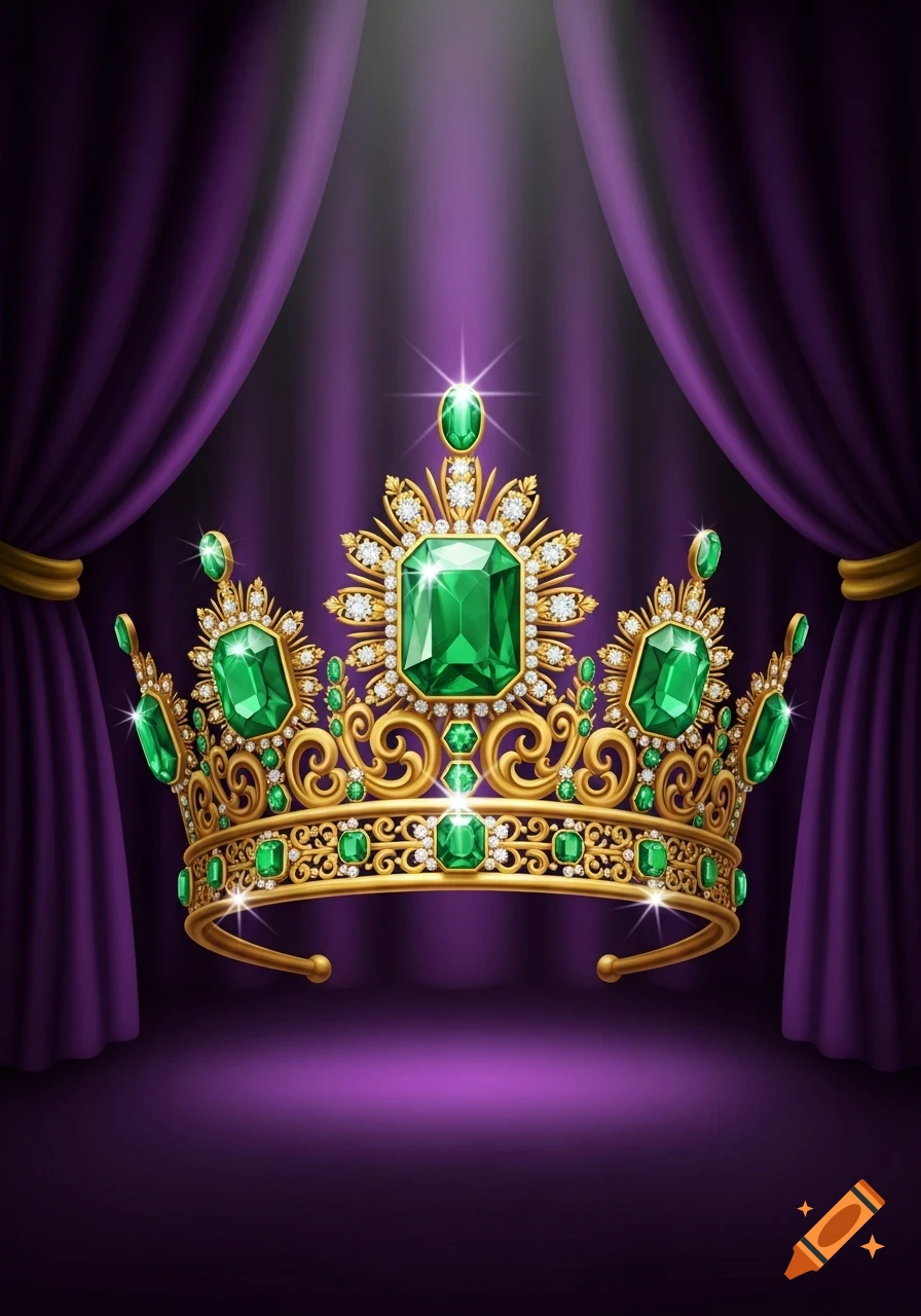 A magnificent golden crown adorned with sparkling emeralds and diamonds, set against a luxurious purple velvet curtain backdrop.