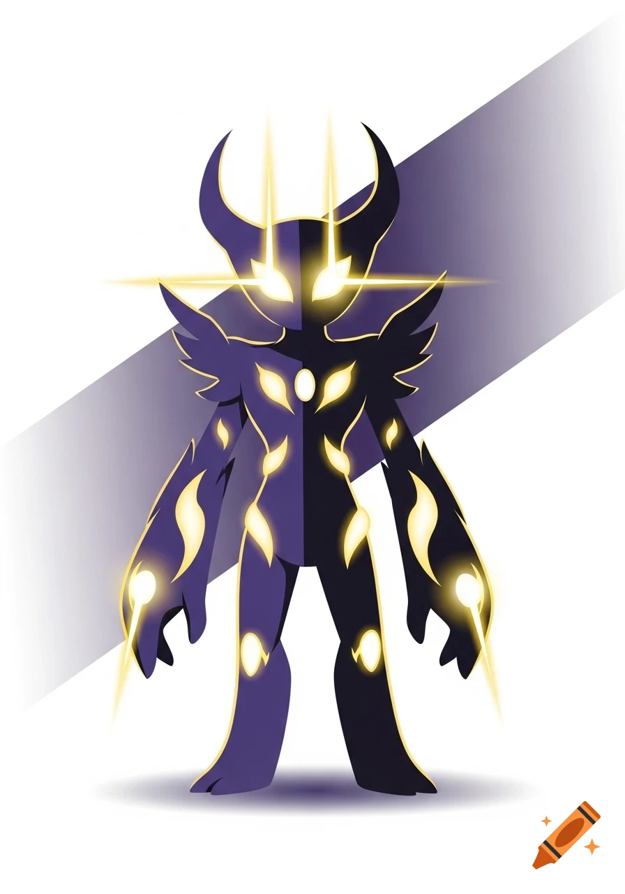 A stylized dark monster, half purple and half black, with glowing yellow eyes, horns, and markings, against a gradient background.