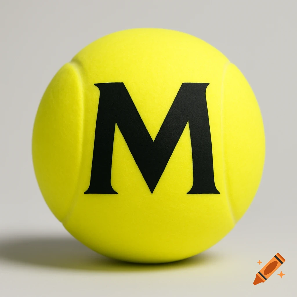 A bright yellow tennis ball with a prominent black letter 'M' on its surface, set against a plain light gray background.
