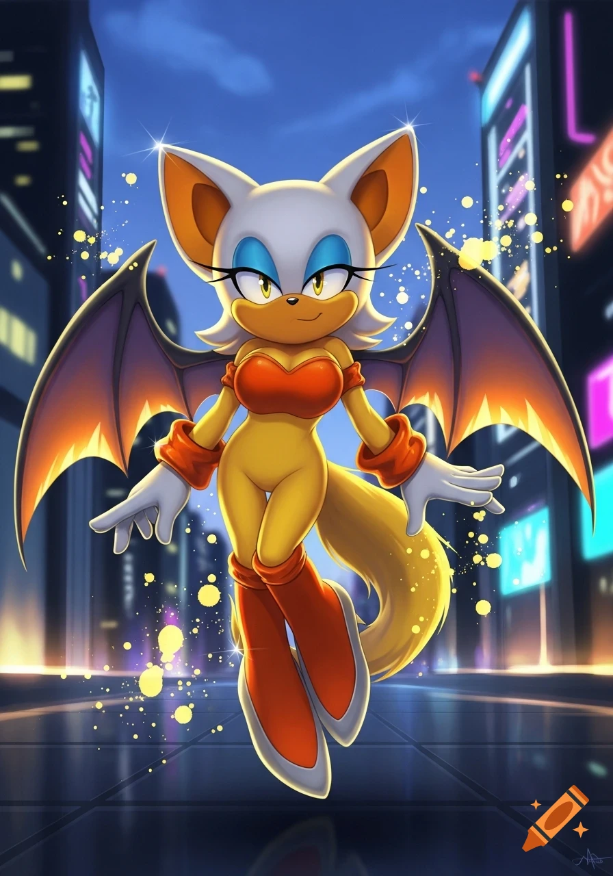 Rouge the Bat with yellow fur and red top, floating in a vibrant neon city at night.