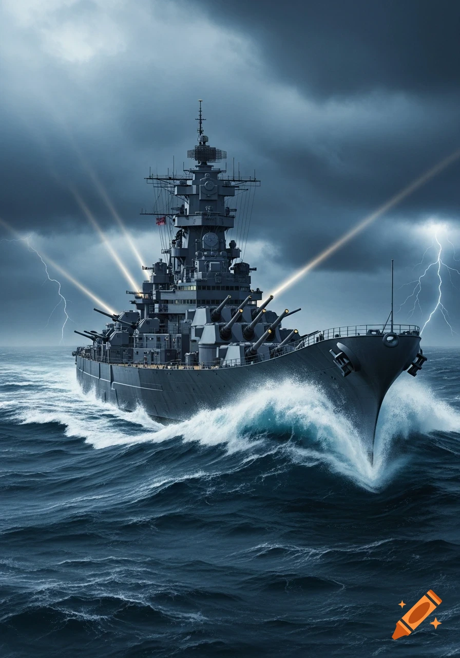 A grey battleship cuts through stormy dark blue waves under a cloudy sky with lightning and light beams.