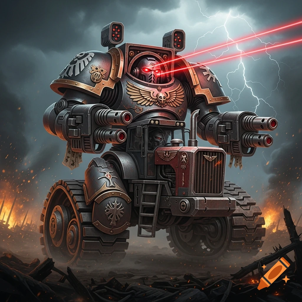 A dramatic Warhammer 40k mech fused with a tractor, firing laser beams from its eyes on a fiery battlefield under a stormy sky.