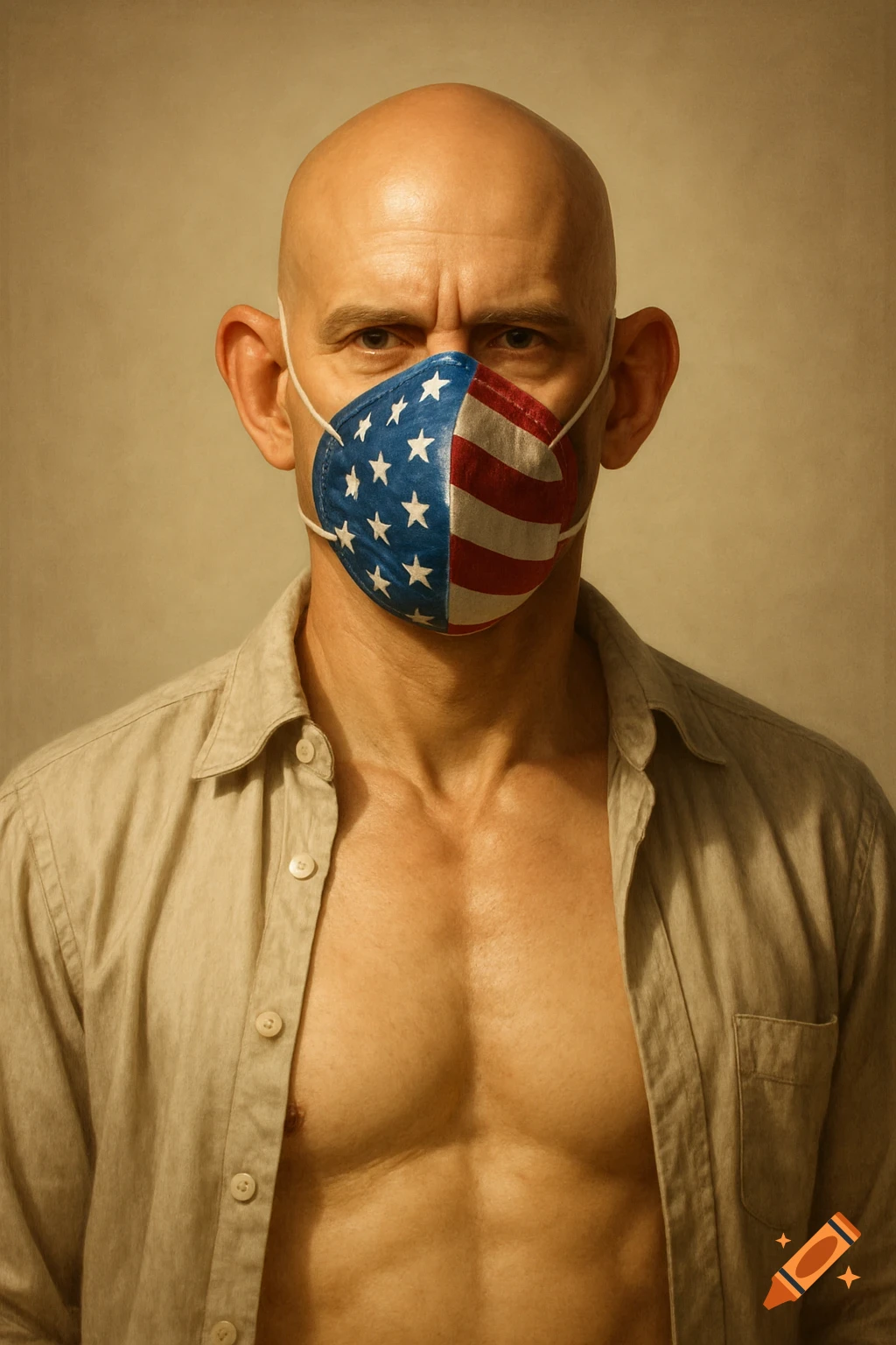 A bald, muscular man with prominent ears wears an American flag N95 mask and an open shirt in a photorealistic portrait.