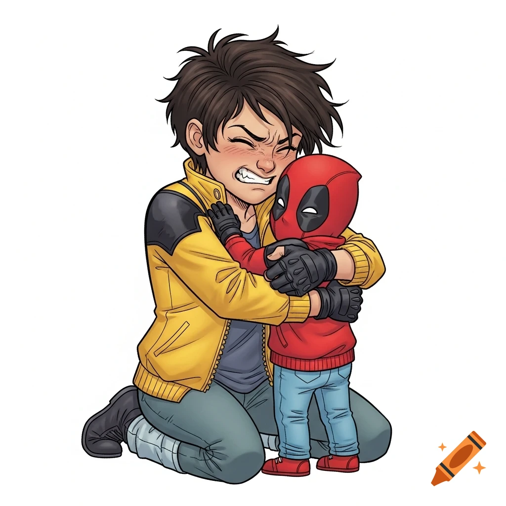 Comic book art of Gabby Kinney in a yellow jacket intensely hugging a shy small child in a Deadpool mask and red hoodie.