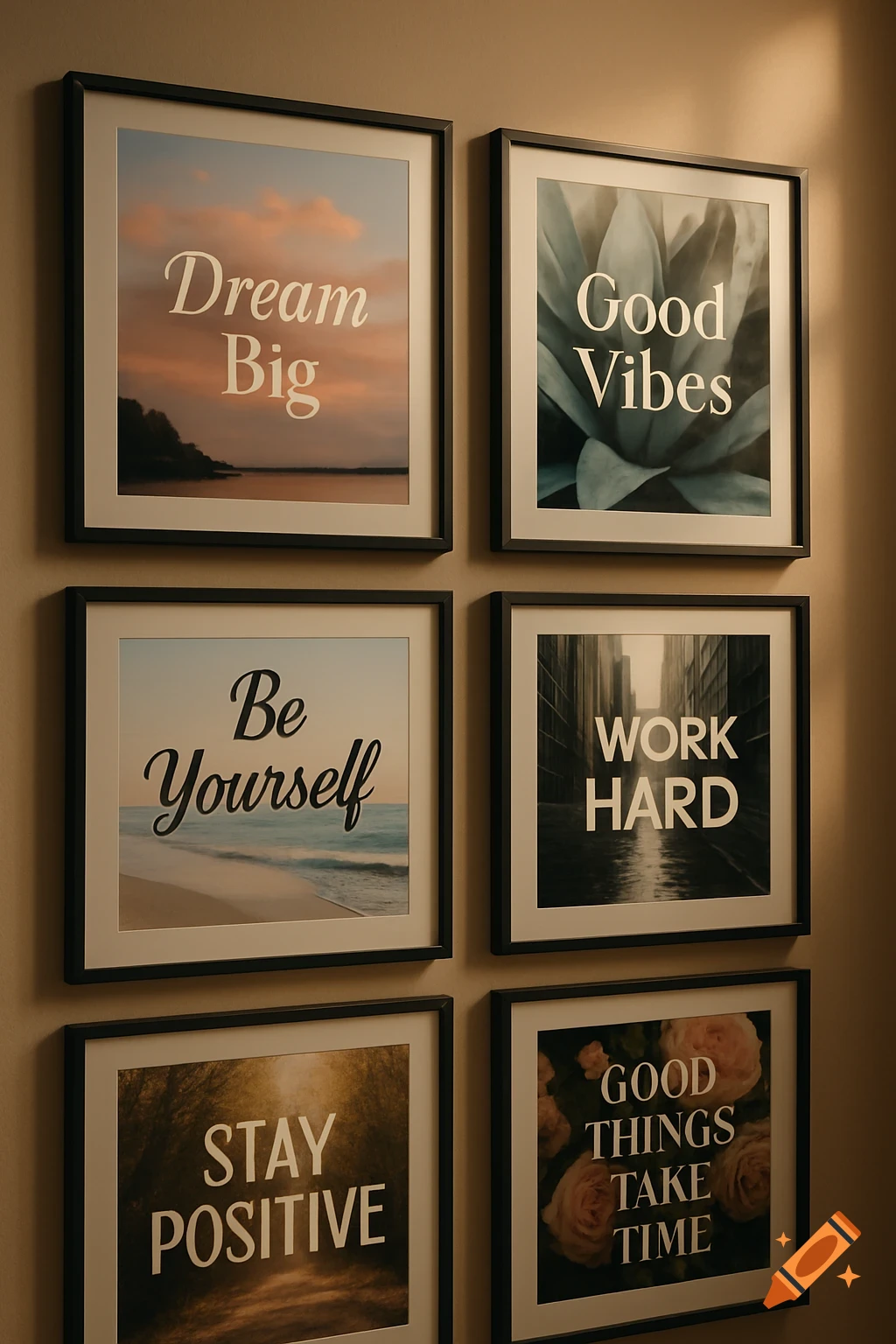 Six framed motivational posters hang on a wall, featuring phrases like 'Dream Big' and 'Good Vibes' over various scenic backgrounds.