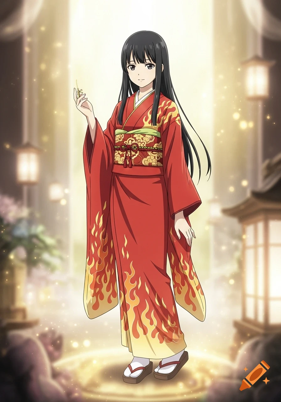 Anime girl with black hair in a red kimono with fire patterns, holding a small object in a warm, glowing fantasy setting.