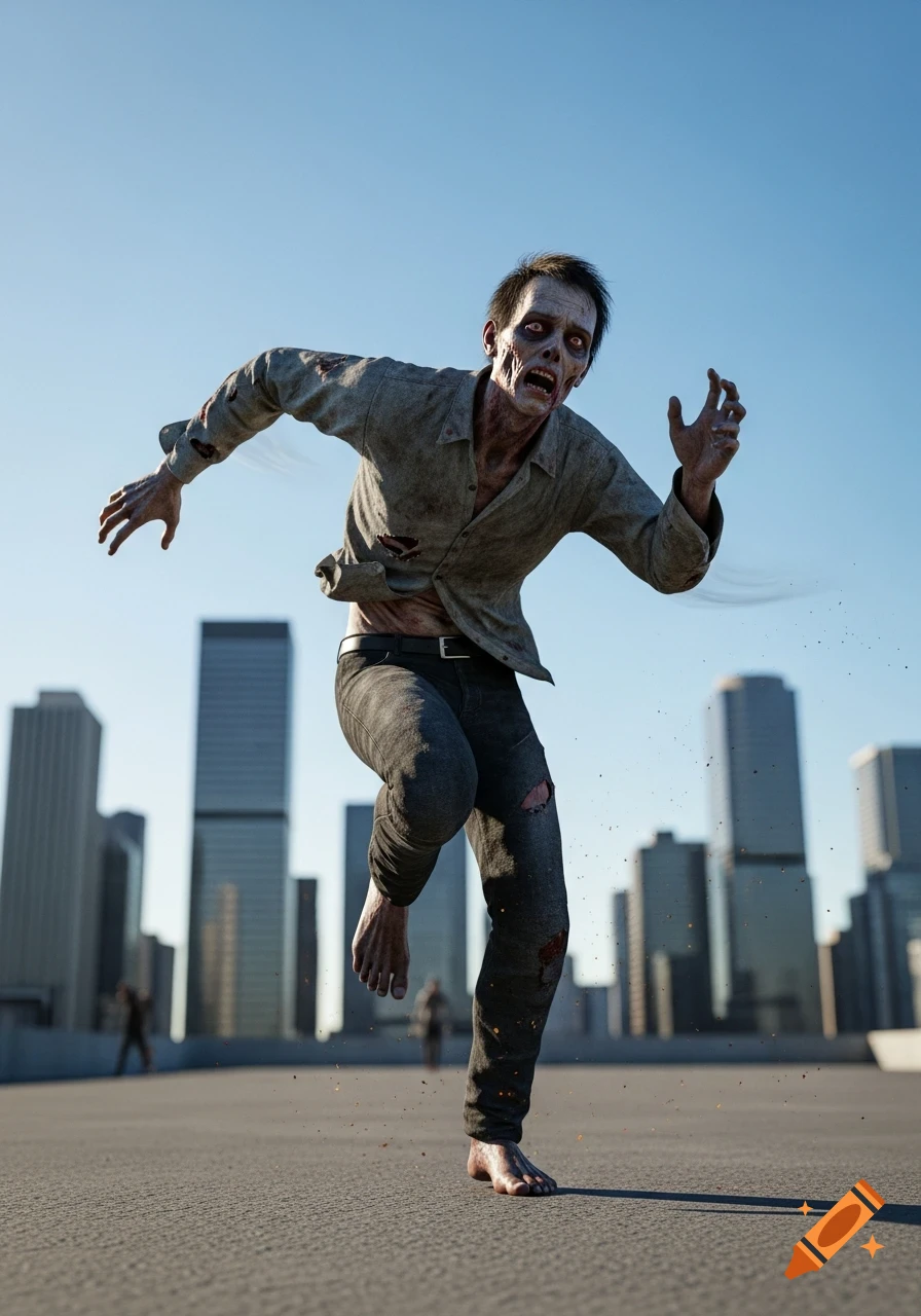 A photorealistic zombie in tattered clothes runs barefoot across a city rooftop with a skyline under a clear blue sky.
