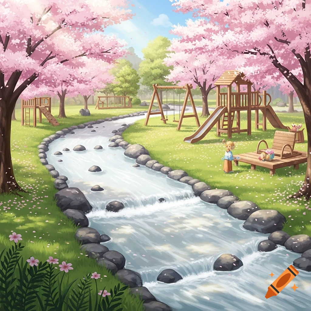 An anime illustration of a sunny park with a winding stream, a playground, and pink cherry blossom trees. A child stands near a wooden bench.
