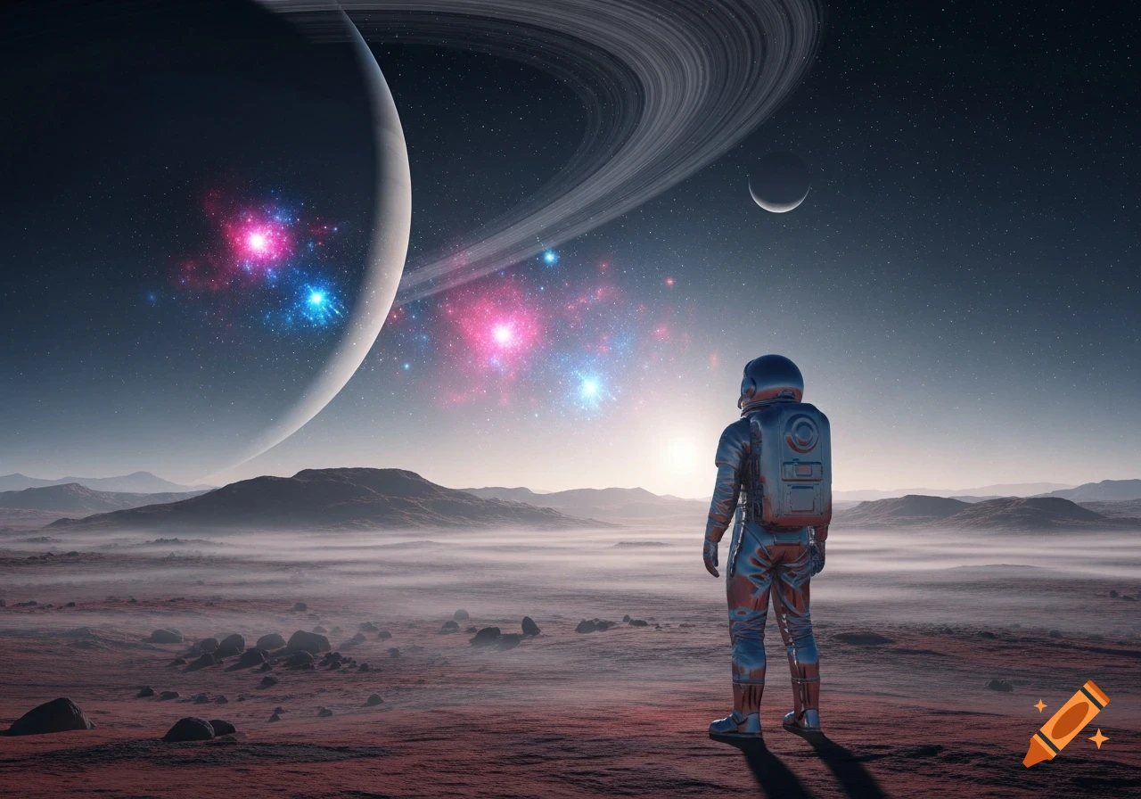 An astronaut in a metallic suit stands on a misty, reddish alien planet, looking at a ringed planet, a crescent moon, and vibrant nebulae in the starry sky.