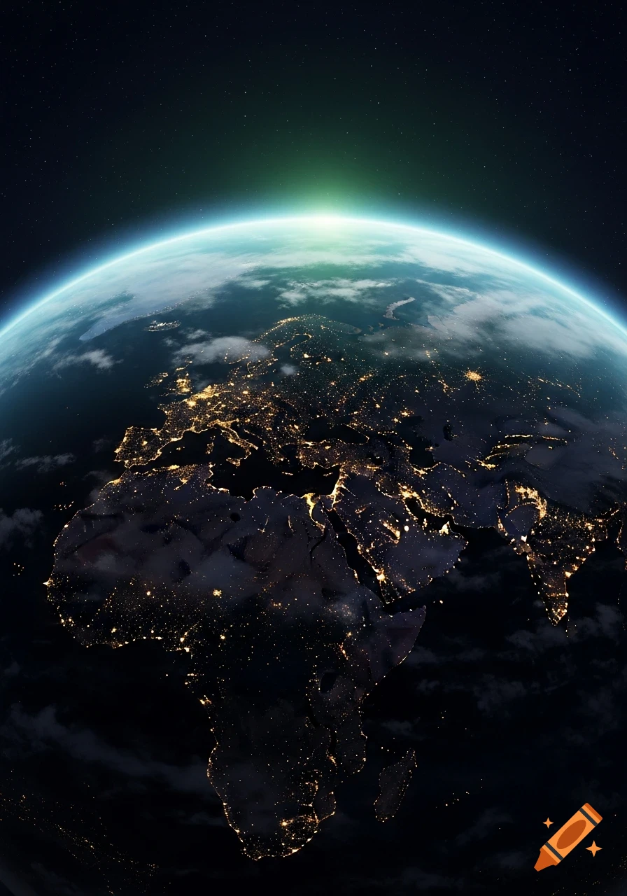 View of Earth from space at night, showing glowing city lights across continents and a bright atmospheric aurora.