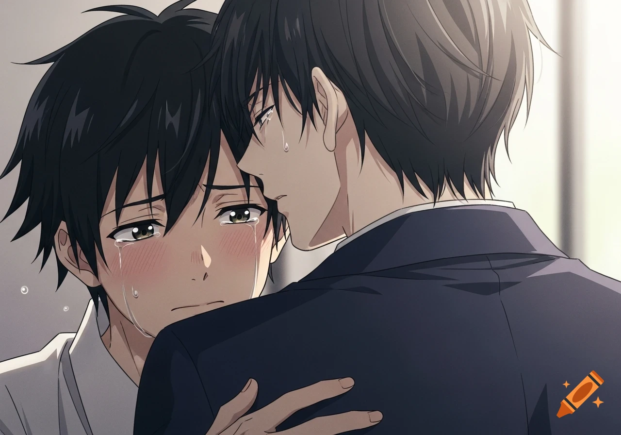 Anime illustration of two men hugging, both with tears streaming down their faces, one leaning into the other's shoulder.