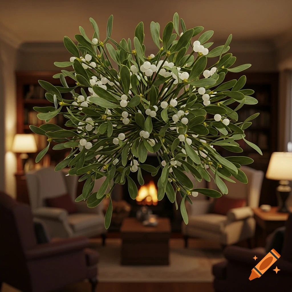 A cluster of green mistletoe with white berries hangs, with a blurred, cozy living room and a fireplace in the background.