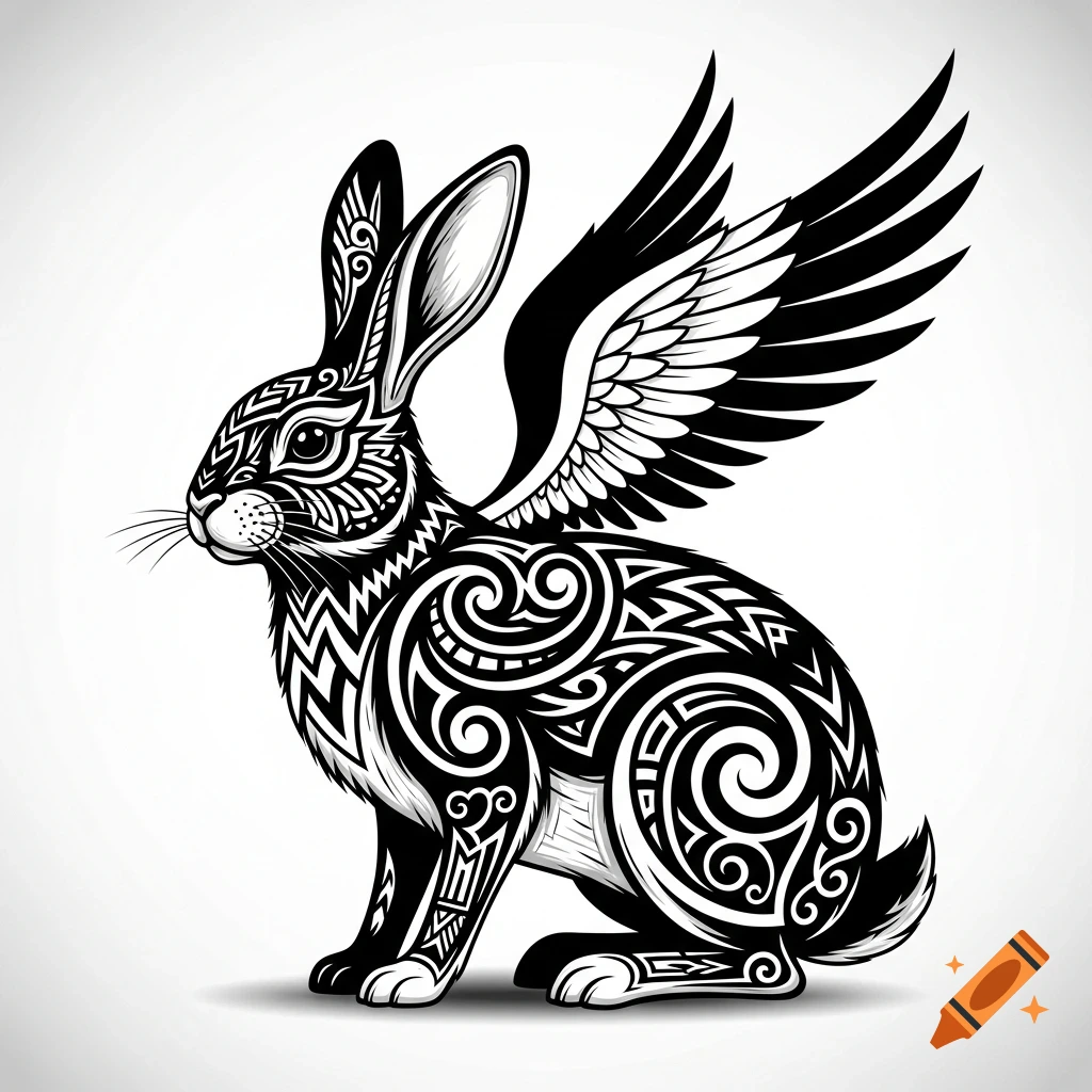 A black and white tribal style illustration of a winged rabbit, sitting with intricate patterns covering its body.