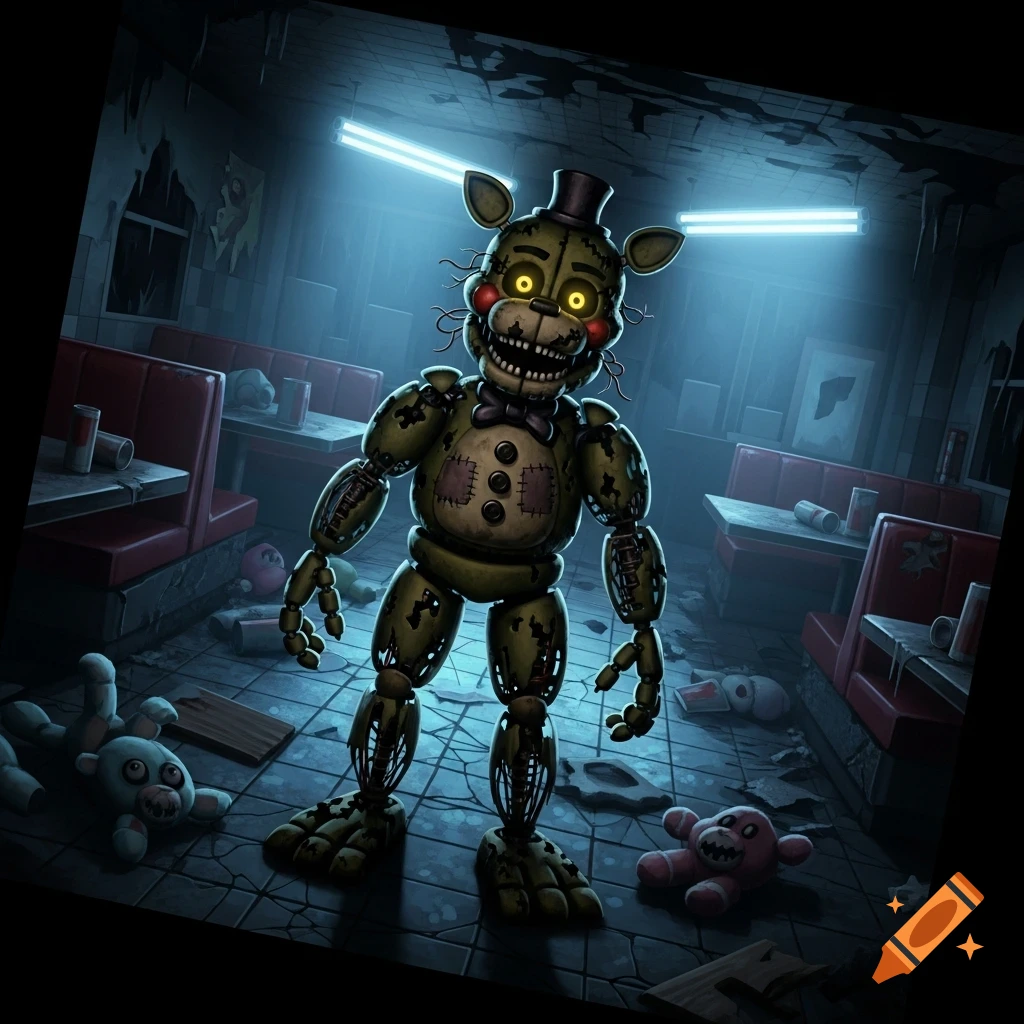 A scary, green animatronic with glowing eyes stands in a dark, dilapidated diner with neon lights and scattered toys.