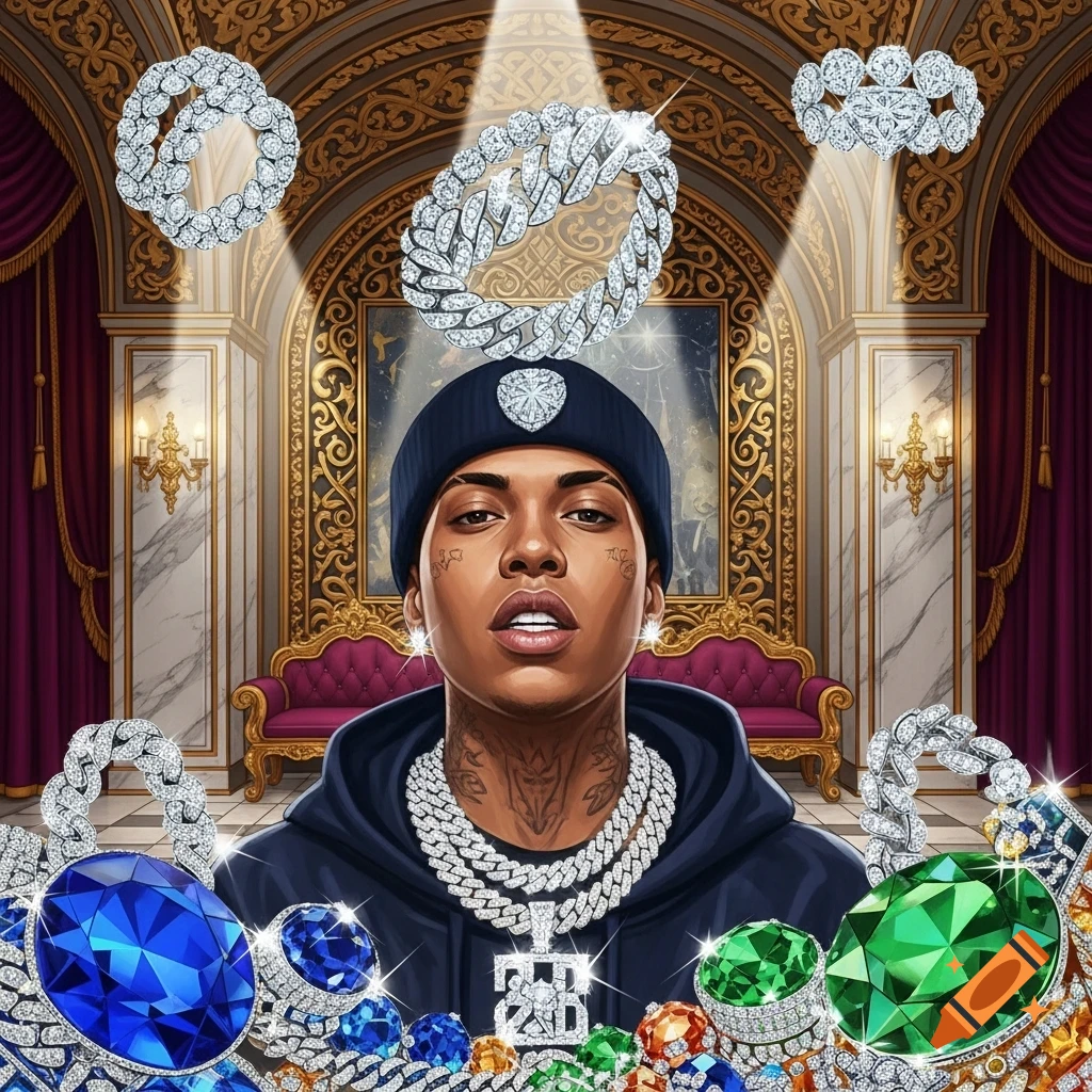 Stylized illustration of a person wearing diamond chains and face tattoos in a luxurious room, surrounded by glittering jewelry and gemstones.