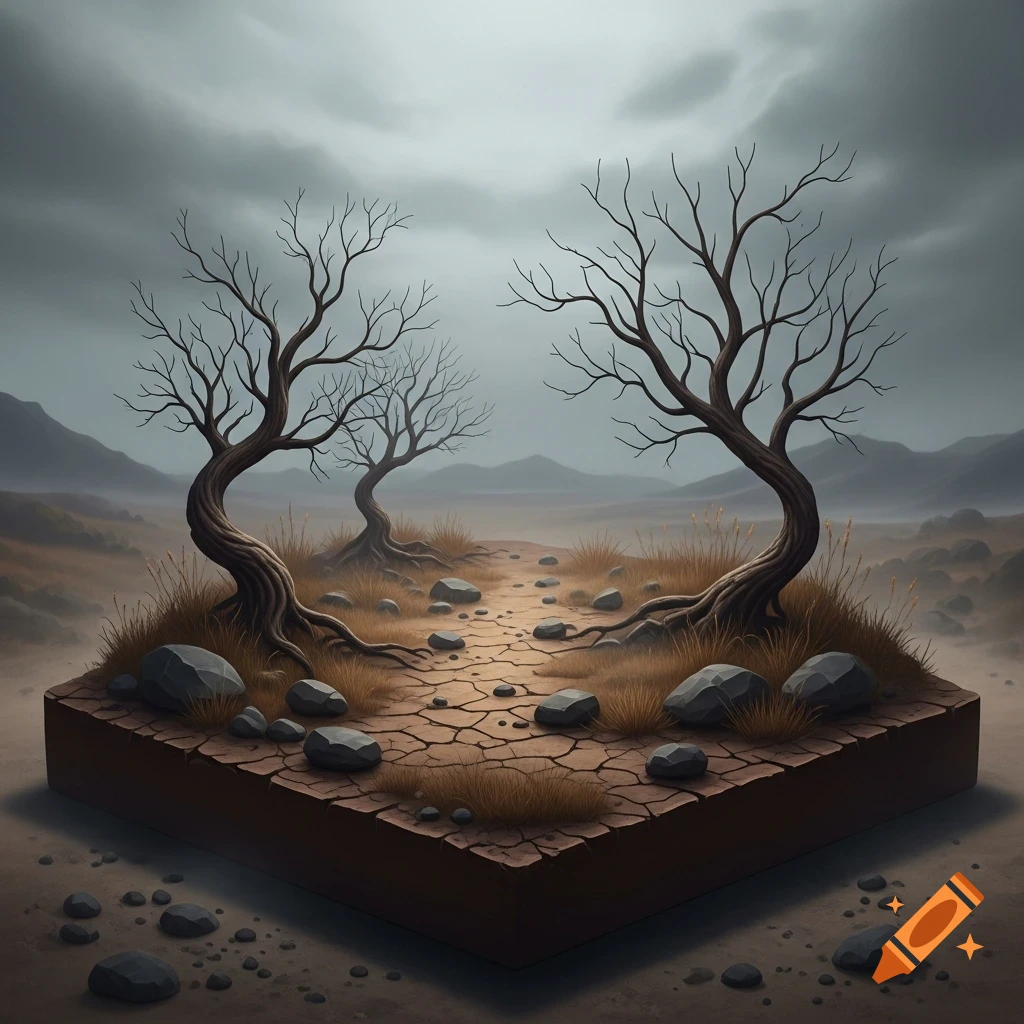 A barren landscape on a floating block of earth with two twisted, leafless trees, scattered rocks, and a cracked dirt path under a stormy sky.