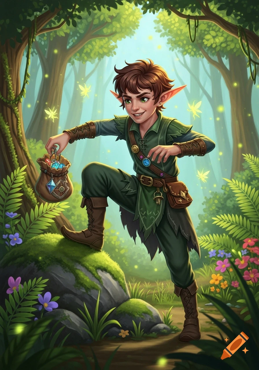 A young elf with pointed ears and green attire stands in a magical forest, holding a pouch filled with glowing gems.