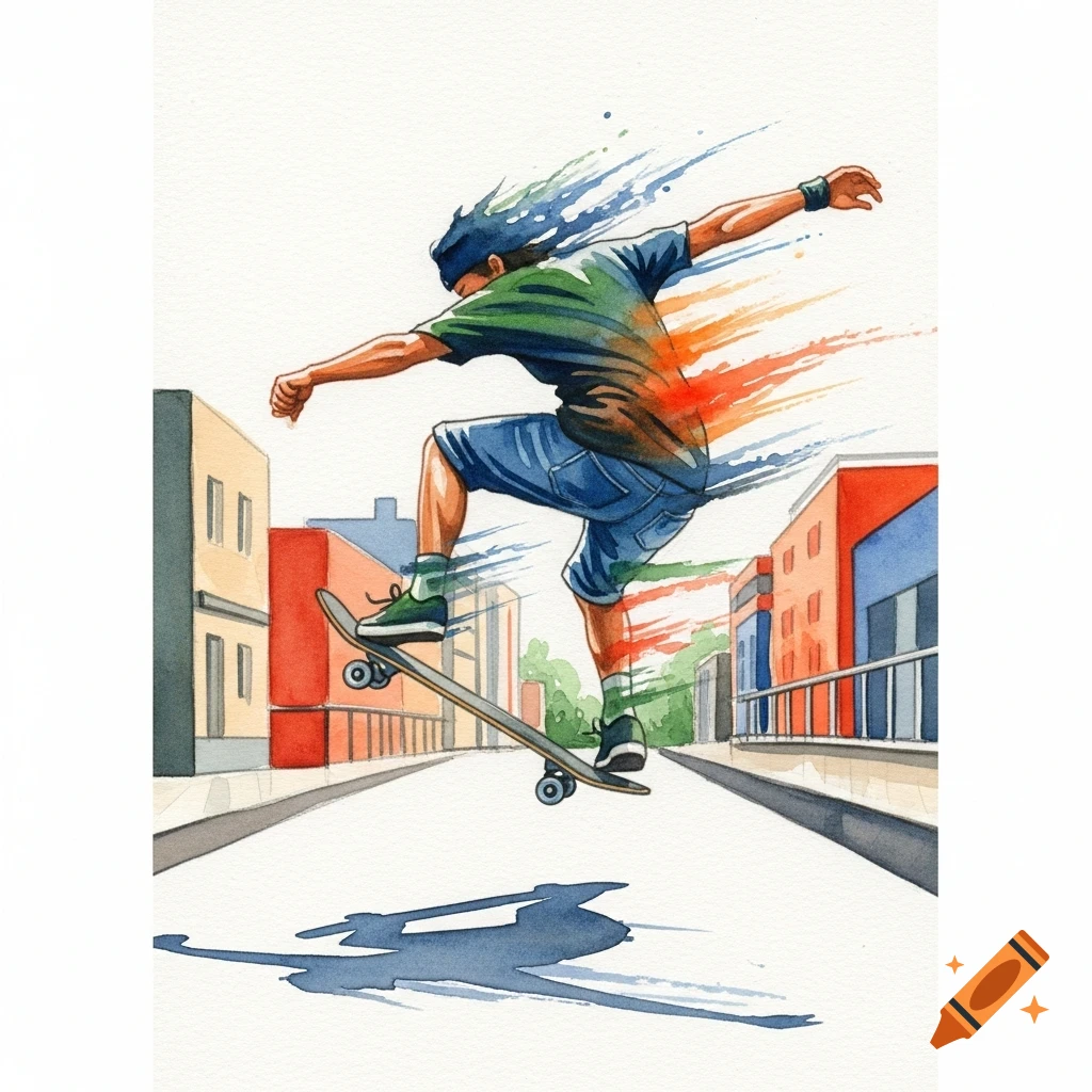 Watercolor illustration of a skateboarder jumping on a city street, vibrant streaks highlighting movement.