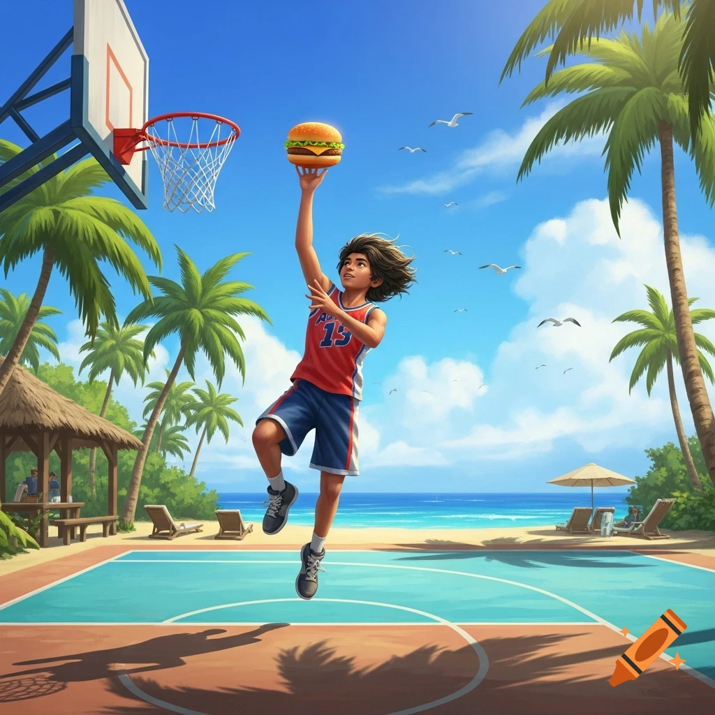 An islander boy in a red jersey shoots a large hamburger like a basketball on an outdoor court by a tropical beach.