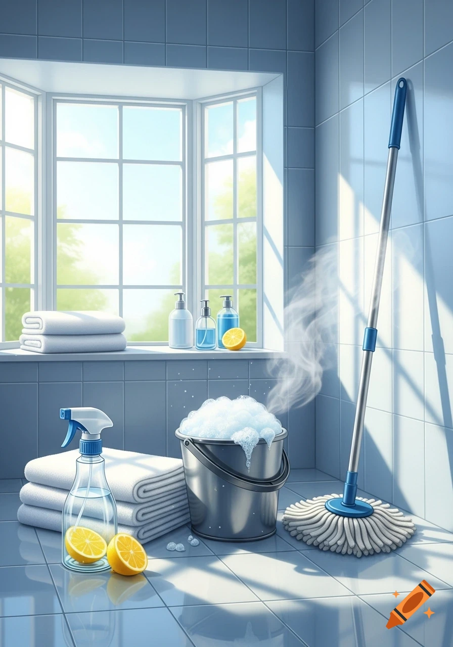 A bright bathroom scene with a bucket of suds, a mop, towels, cleaning sprays, and lemons by a sunlit window.