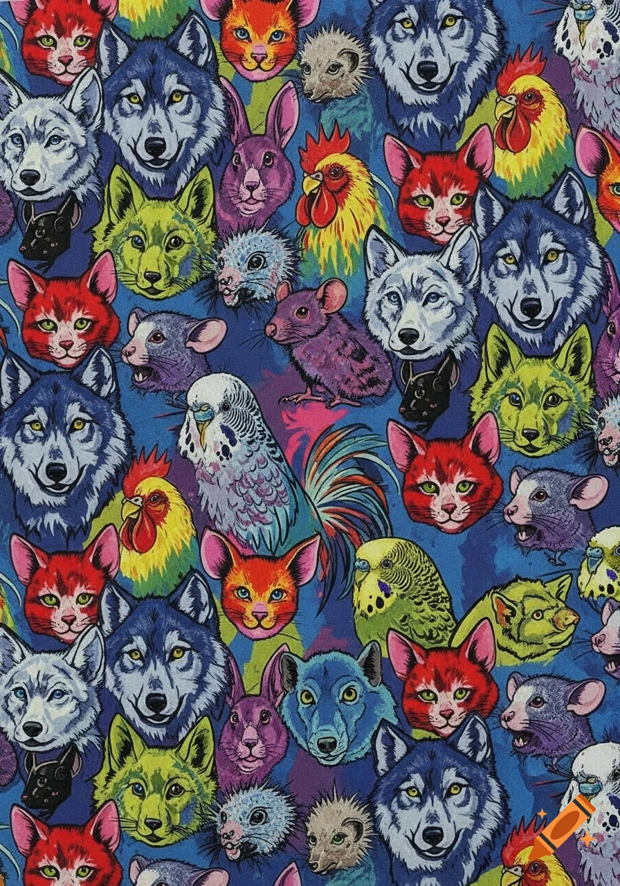 Vibrant pop art collage of colorful animal heads including wolves, cats, rabbits, rats, roosters, and parakeets.