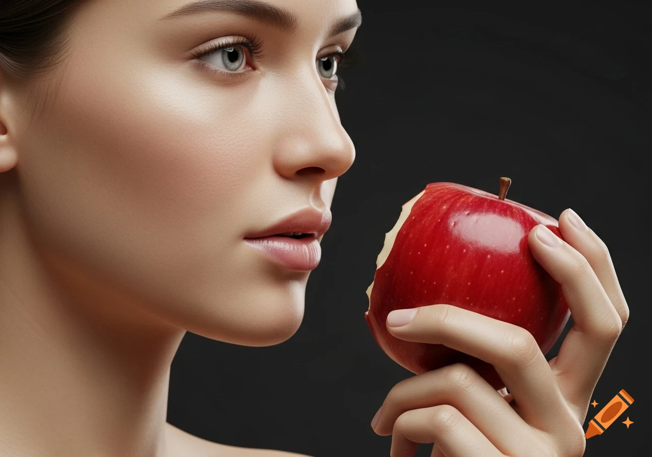 Close-up of a woman with smooth skin and light eyes, looking at a bitten red apple against a dark background.