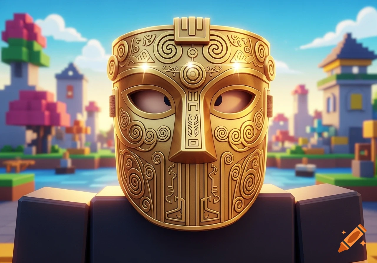 A shiny golden ancient mask on a Roblox-style character in a colorful blocky world.
