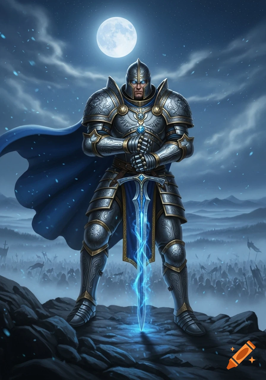 An armored knight with glowing eyes and a blue glowing sword stands on a rocky hill under a full moon, overlooking an army in a misty valley.