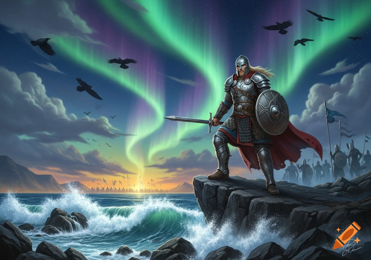 A Viking warrior in armor stands on a cliff overlooking a stormy sea under the aurora borealis, with an army behind him.