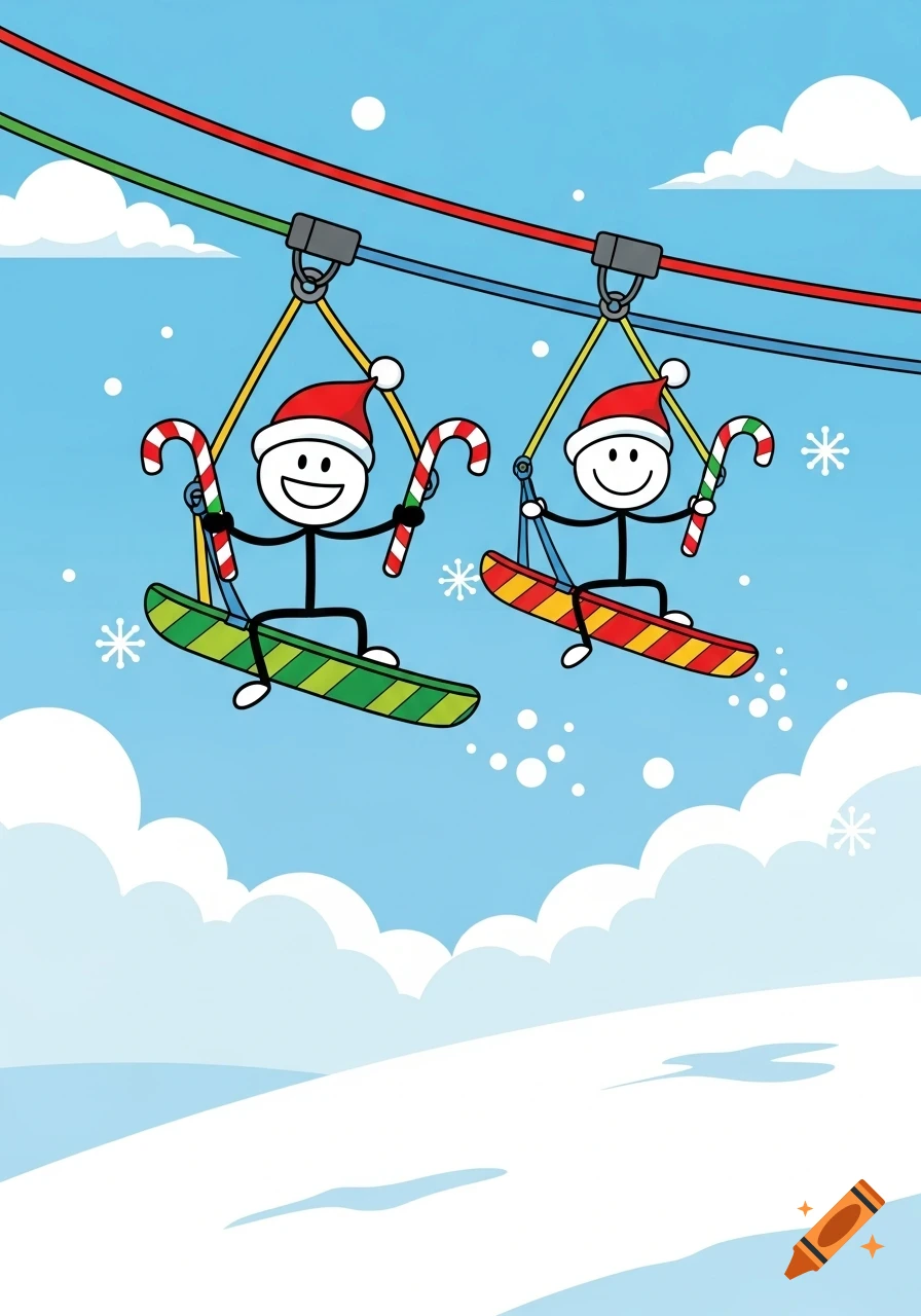 Two smiling cartoon stick figures in Santa hats hold candy canes while gliding on snowboards attached to a zipline over a snowy mountain.