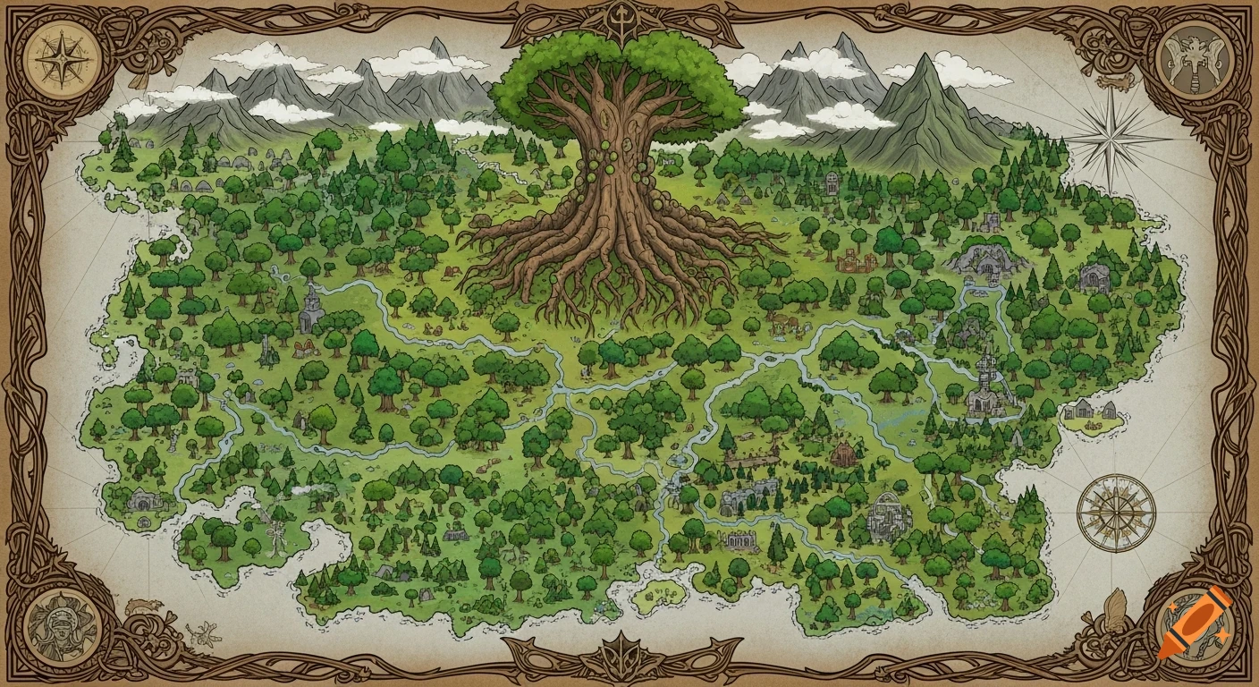 A detailed fantasy world map of a forest continent, centered around a giant tree, with mountains, rivers, and small settlements.