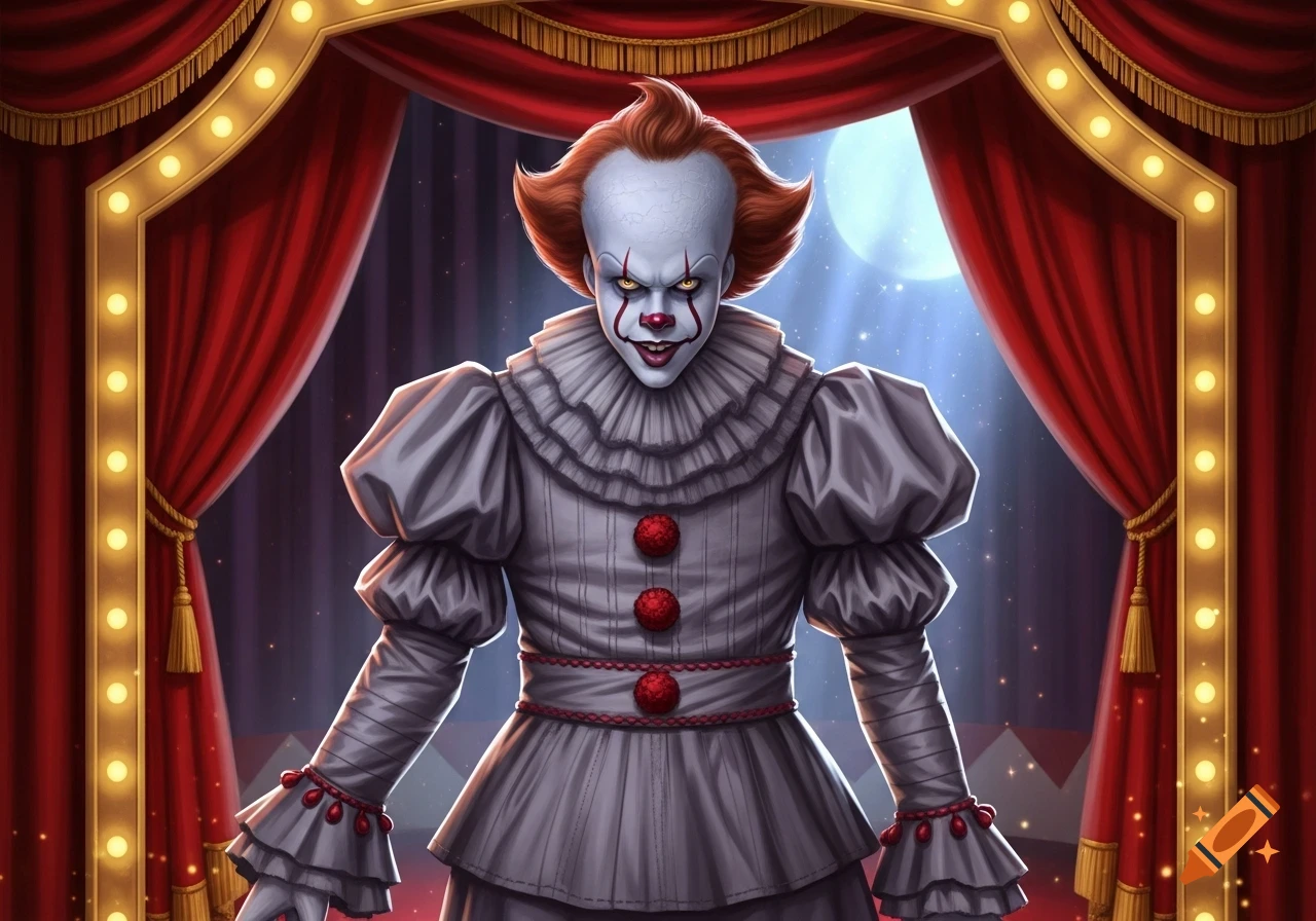 A stylized Pennywise clown in a grey costume with ruffled details and red pom-poms stands on a stage with red curtains under a full moon.
