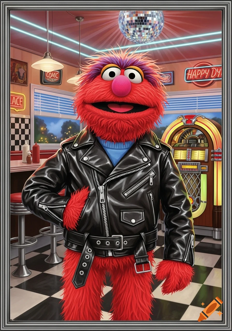 A red Muppet-like character in a black leather jacket stands in a retro diner with a disco ball.