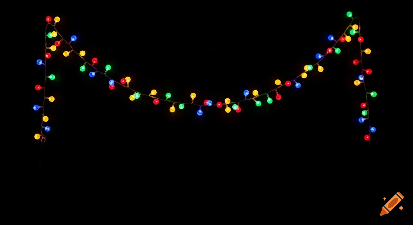 A string of colorful fairy lights with red, green, blue, and yellow bulbs strung across a black background.