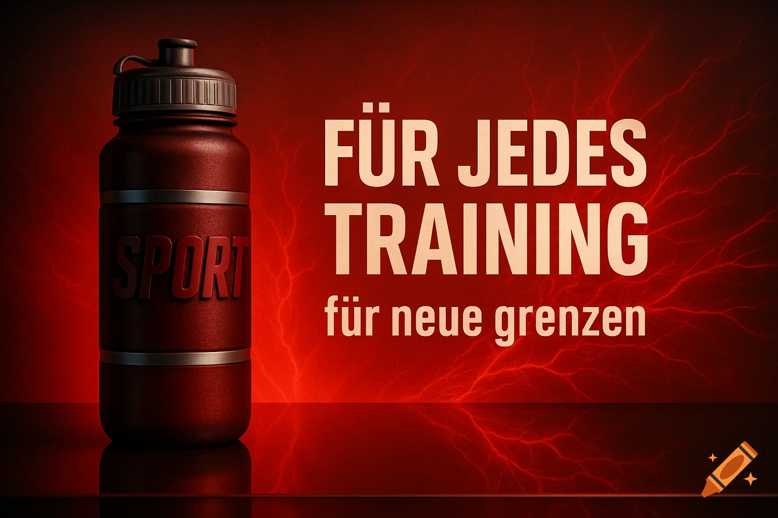 A dark red sports water bottle with 'SPORT' embossed on it, standing on a reflective surface against a textured red background with bright red net-like patterns. Bold white German text reads 'FÜR JEDES TRAINING' and smaller text below reads 'für neue grenzen'.