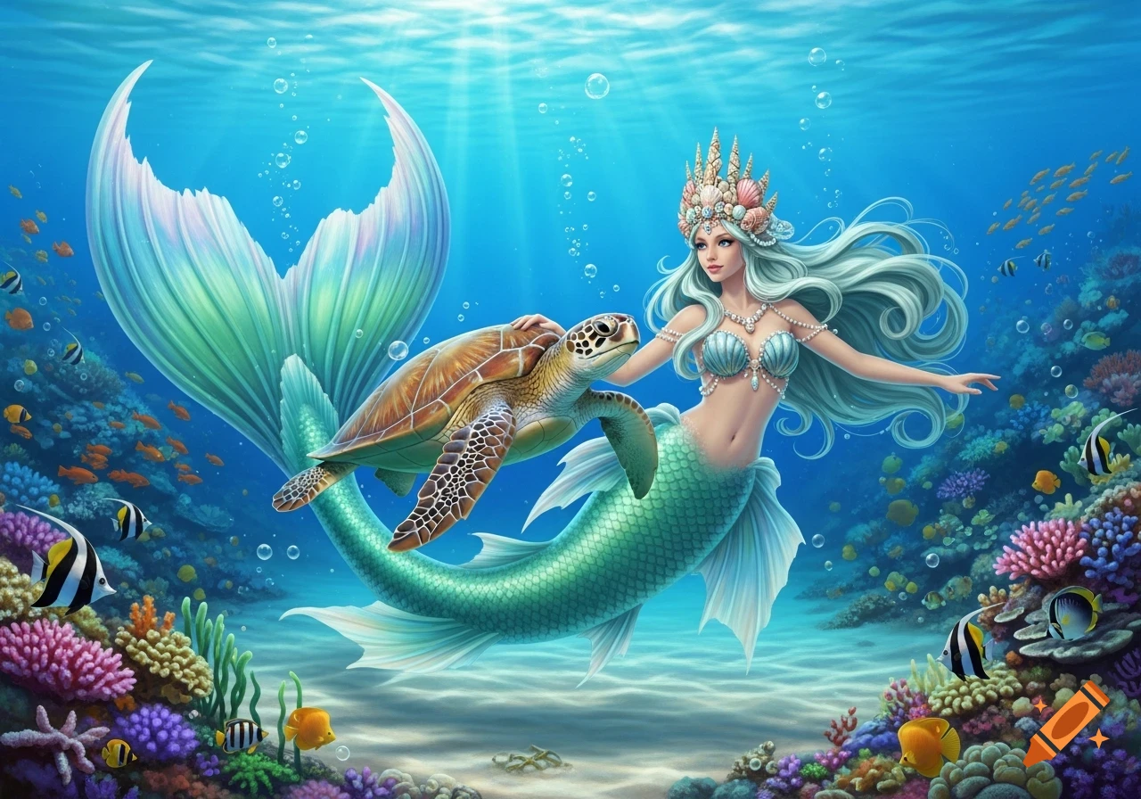 A beautiful mermaid princess with flowing blue hair and a seashell crown gently strokes a sea turtle in a vibrant coral reef.