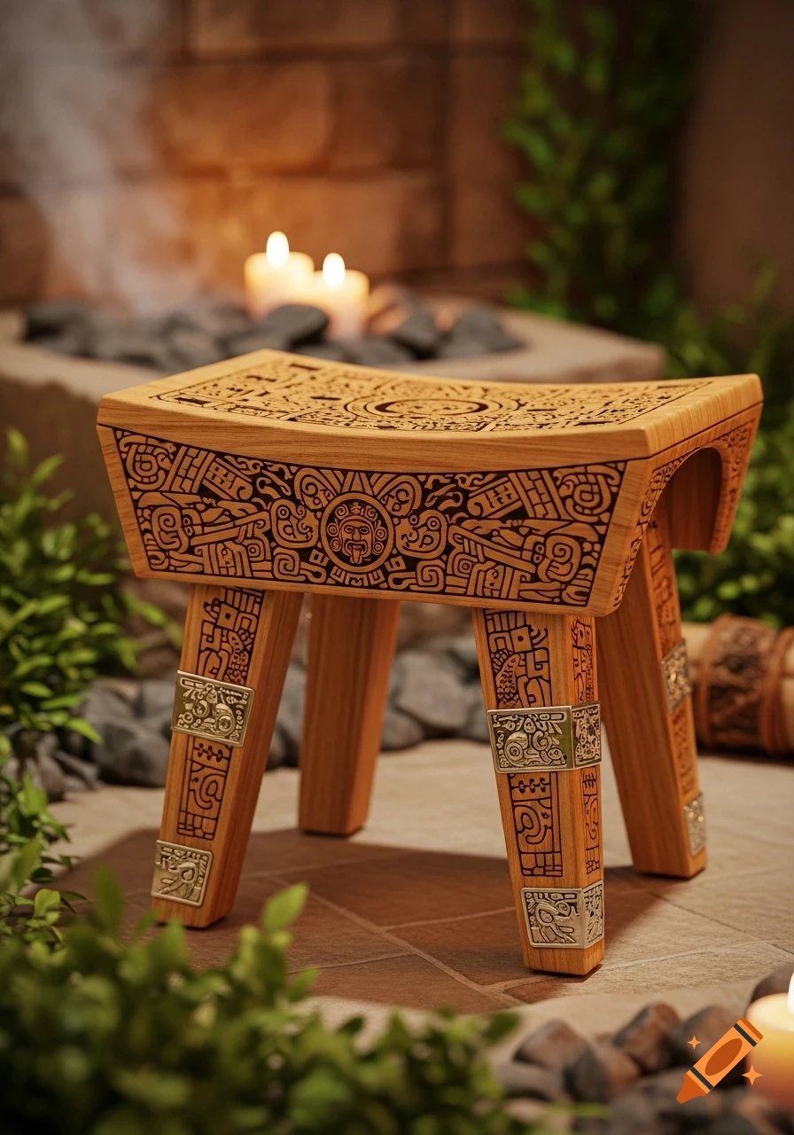 A wooden sauna stool with intricate Aztec patterns and silver details, in a dimly lit setting with candles and green plants.