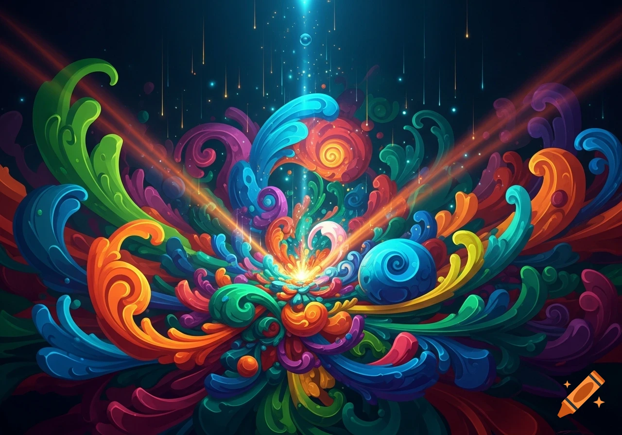 A vibrant abstract digital art piece with colorful swirling organic shapes and ornate patterns, illuminated by light beams on a dark background.
