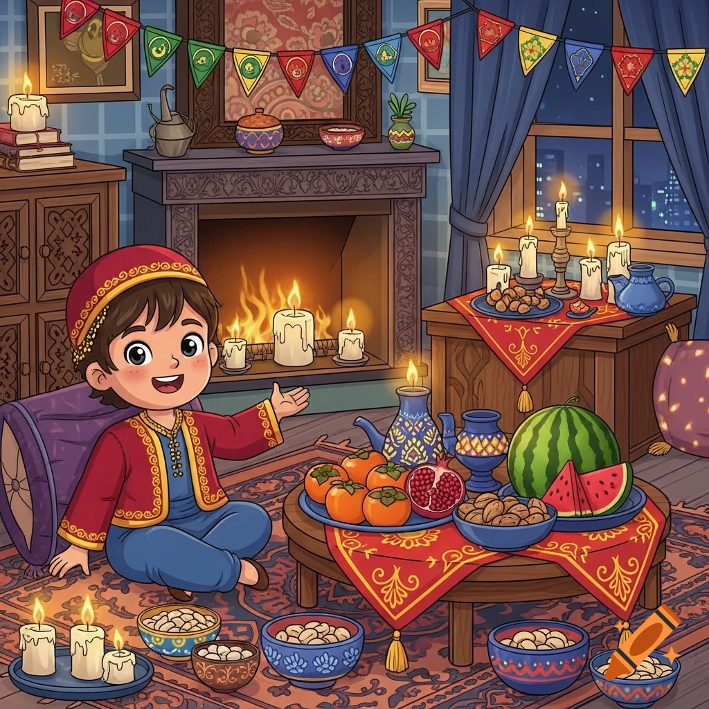 A cheerful cartoon child in traditional Iranian clothes sitting by a fireplace, surrounded by Yalda night decorations, fruits, and nuts.