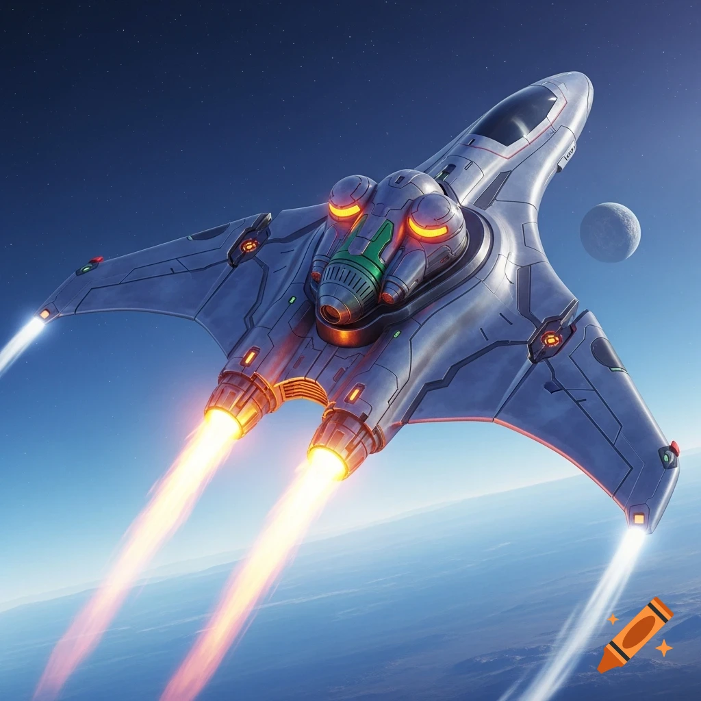 A sleek, metallic futuristic spaceship with fiery thrusters flies over a planet with a moon in the background.