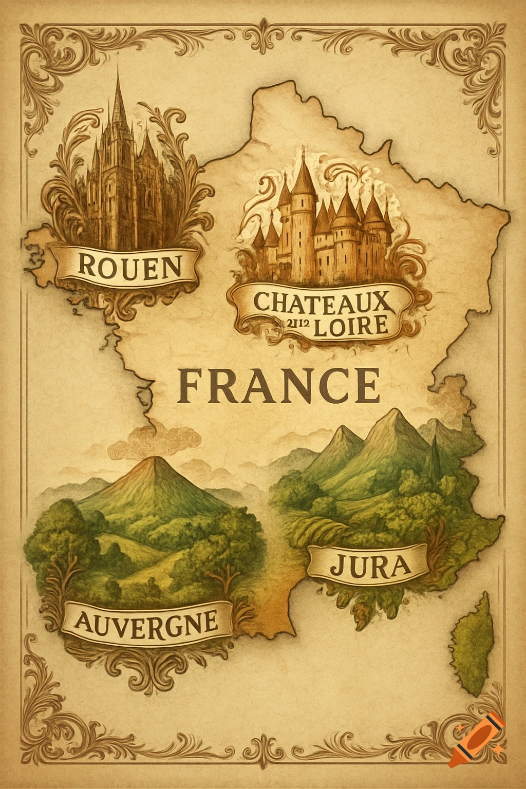 Vintage-style map of France, highlighting regions like Rouen, Ch as_a_model_name="A_carte_de_la_france_avec_les_regions_de_rouen_des_chateaux_de_la_loire_de_l_auvergne_et_du_jura_en_surgras_B"teaux Loire, Auvergne, and Jura with illustrations of landmarks and landscapes.