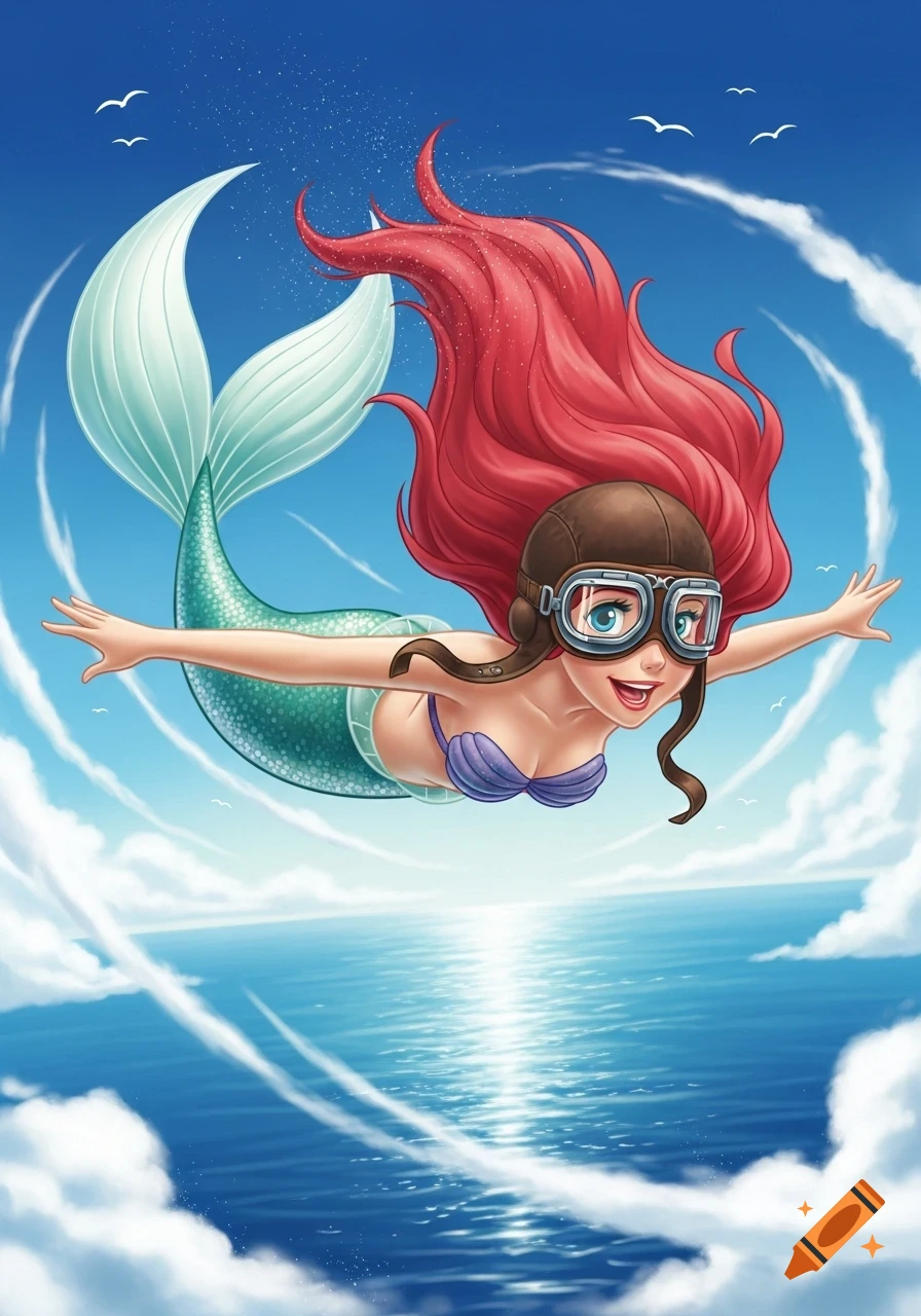Cartoon illustration of Ariel the mermaid with red hair, aviator goggles, and a cap, flying through a blue sky above the ocean.